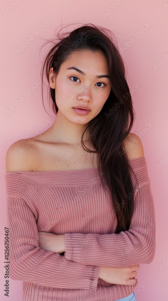 Soft pink background with model in off shoulder sweater, exuding calmness