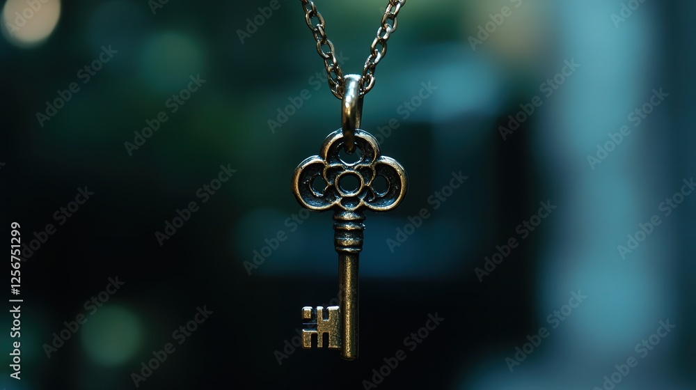 key pendant hanging from a neck, with a close-up that highlights the fine craftsmanship and polished surface of the pendant key pendant hanging from a neck, with a close-up that highlights the fine craftsmanship and polished surface of the pendant
