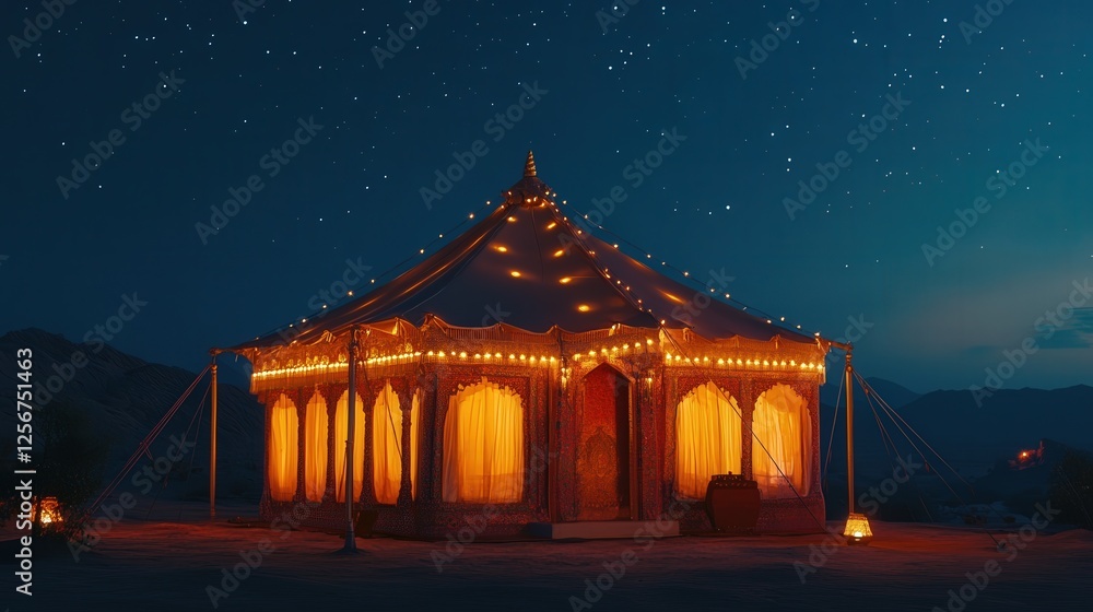 large Indian tent illuminated at night, casting a warm glow on the surrounding desert landscape, with intricate decorations and rich, colorful fabrics visible large Indian tent illuminated at night, casting a warm glow on the surrounding desert landscape, with intricate decorations and rich, colorful fabrics visible