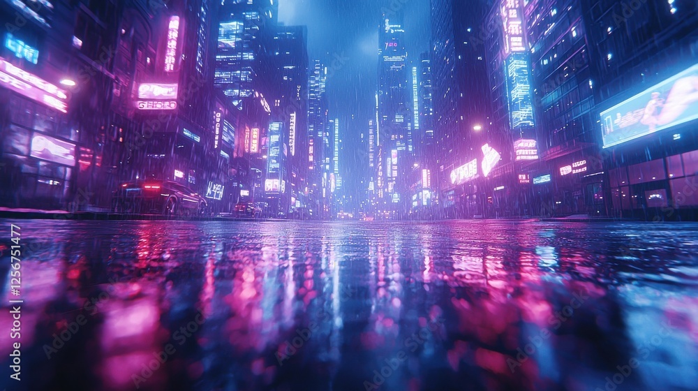 Obraz premium Neon Rain Cityscape: Night City Reflections