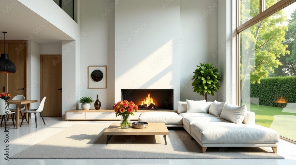 Modern minimalist living room design featuring a cozy fireplace, stylish sectional sofa, and large window overlooking a tranquil garden. Modern minimalist living room design featuring a cozy fireplace, stylish sectional sofa, and large window overlooking a tranquil garden.