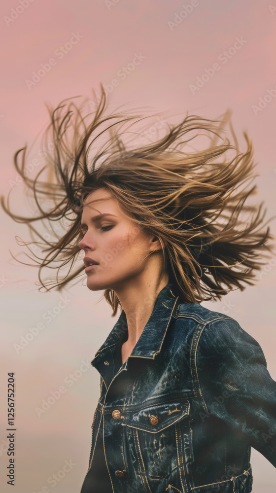 Confident female model with flowing hair in motion against soft background Confident female model with flowing hair in motion against soft background