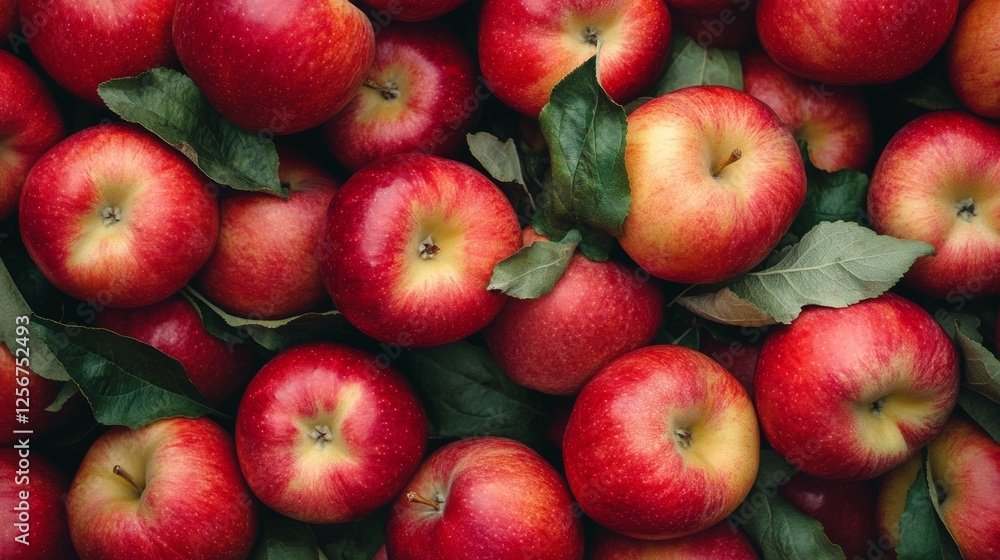Freshly harvested red apples with green leaves piled together in a rustic market setting Freshly harvested red apples with green leaves piled together in a rustic market setting