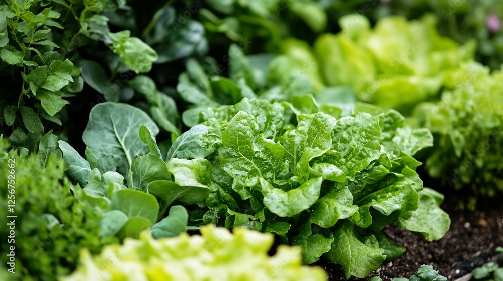 Green lettuce growing in a vegetable garden with spinach, kale and herbs Green lettuce growing in a vegetable garden with spinach, kale and herbs