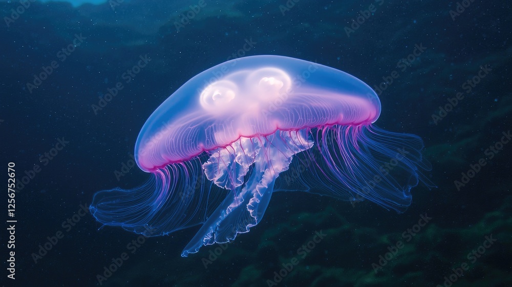 Bioluminescent jellyfish in dark ocean depths. Possible use Stock photo for educational or nature publications Bioluminescent jellyfish in dark ocean depths. Possible use Stock photo for educational or nature publications