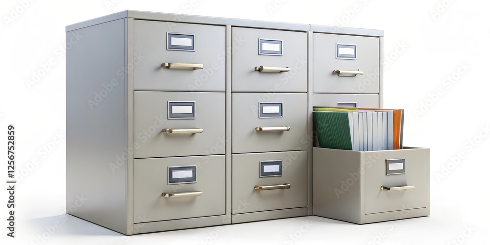 Filing Cabinets with Documents on White Background Filing Cabinets with Documents on White Background
