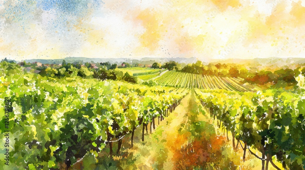 Fototapeta premium Vineyard field painting showcasing lush green grapevines under a bright blue sky with distant hills