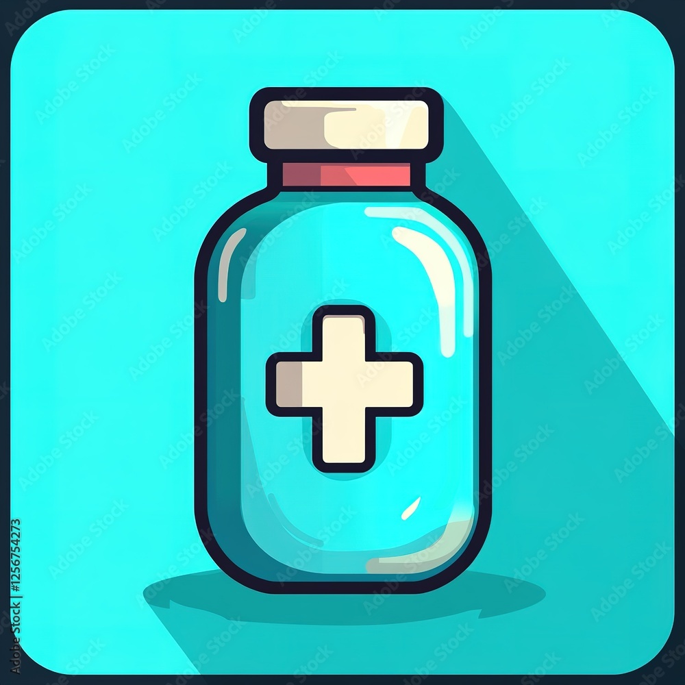 A light blue medicine bottle with a white cross A light blue medicine bottle with a white cross
