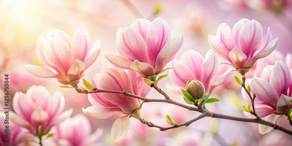 Elegant pink magnolia flowers in full bloom on a serene white background with soft focus and natural light, capturing their delicate beauty and romantic charm , white BACKGROUND, sentimental Elegant pink magnolia flowers in full bloom on a serene white background with soft focus and natural light, capturing their delicate beauty and romantic charm , white BACKGROUND, sentimental