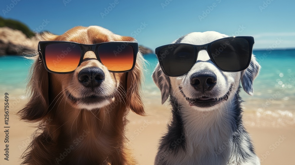 Happy Dogs Wearing Sunglasses Enjoying a Sunny Beach Day
