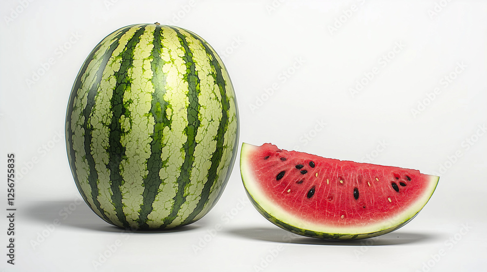 Whole watermelon and fresh slice isolated on white background with vibrant green rind and juicy red pulp. Perfect high-resolution mockup for food branding, advertising, and packaging designs. Whole watermelon and fresh slice isolated on white background with vibrant green rind and juicy red pulp. Perfect high-resolution mockup for food branding, advertising, and packaging designs.