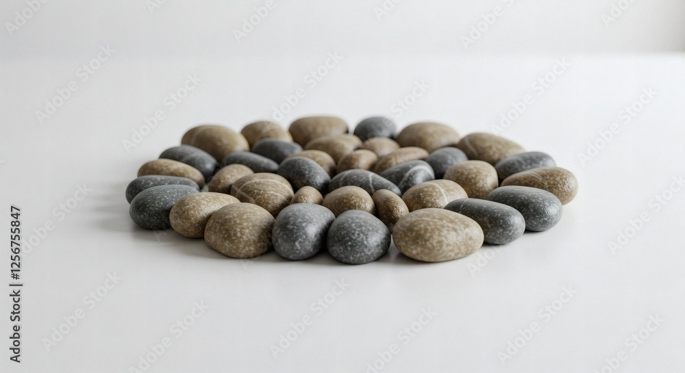 Neatly Arranged Cluster of Small Pebbles on White Surface Neatly Arranged Cluster of Small Pebbles on White Surface