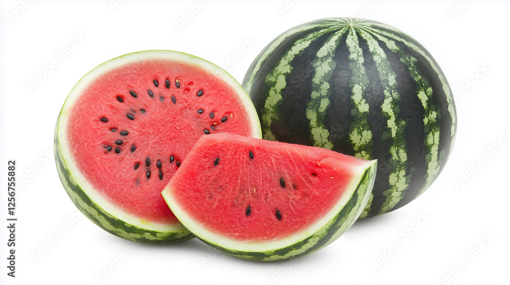 Whole and sliced watermelon with juicy red flesh and black seeds on a white background. High-resolution fruit mockup ideal for summer ads, organic food branding, and product packaging. Whole and sliced watermelon with juicy red flesh and black seeds on a white background. High-resolution fruit mockup ideal for summer ads, organic food branding, and product packaging.