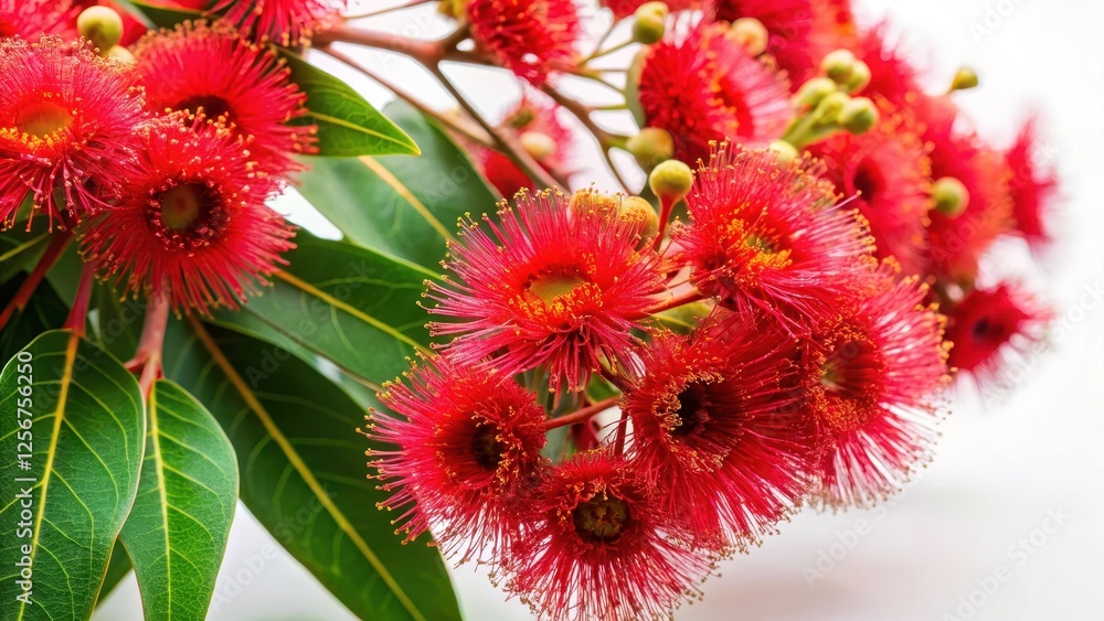 Vibrant bright red eucalyptus flowers in full bloom against a soft white background , blooming, floral