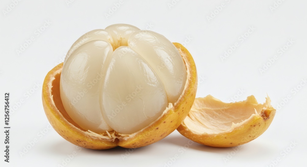 Peeled Langsat Fruit Displaying Translucent Segments on White Background Peeled Langsat Fruit Displaying Translucent Segments on White Background