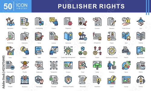 Publisher Rights icon set featuring icons related to publishing, copyright, licensing, plagiarism, royalties, and intellectual property. Ideal for authors, editors, and legal publishing materials.