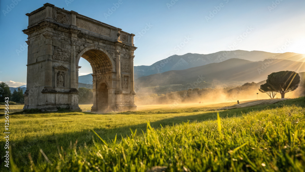 Fototapeta premium Ancient arch monument in sunlit landscape with mountains