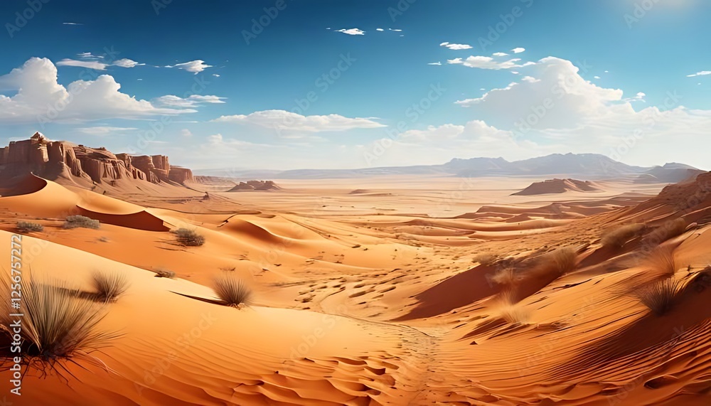 Naklejka premium Expansive desert vista showcases vibrant sand, distant mountains, and clear blue sky with clouds.