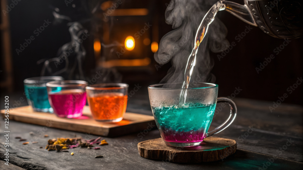 Fototapeta premium steaming cup of colorful herbal tea is being poured, creating cozy atmosphere