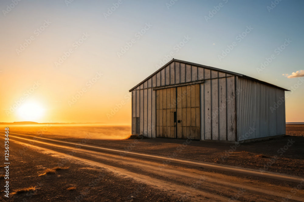 Sunset over rural barn with dusty road and golden sky Sunset over rural barn with dusty road and golden sky