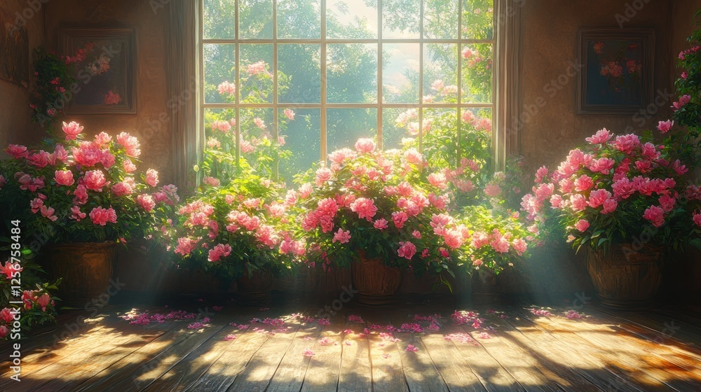 Sunlit room filled with blooming flowers, showcasing vibrant colors and soft light through windows Sunlit room filled with blooming flowers, showcasing vibrant colors and soft light through windows