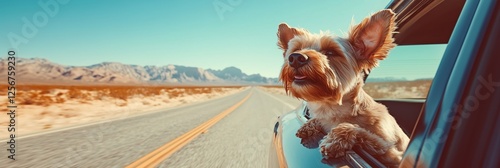 A person drives down a vast, open road with their dog happily leaning out the window, soaking in the warm breeze and enjoying the beautiful scenery of nature