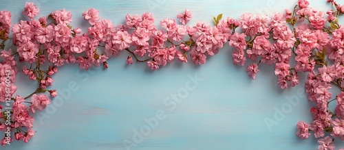 Wallpaper Mural Pink blossoms border blue wood background Torontodigital.ca