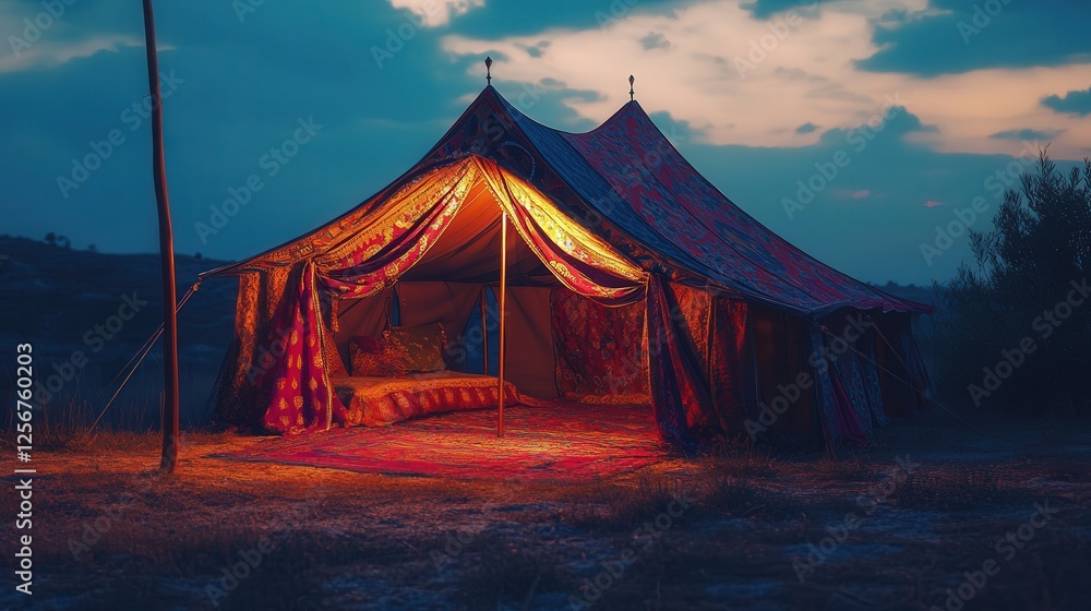 Indian tent at dusk, with soft lighting inside creating a cozy, welcoming atmosphere, and vibrant colors contrasting against the fading light of the evening sky Indian tent at dusk, with soft lighting inside creating a cozy, welcoming atmosphere, and vibrant colors contrasting against the fading light of the evening sky