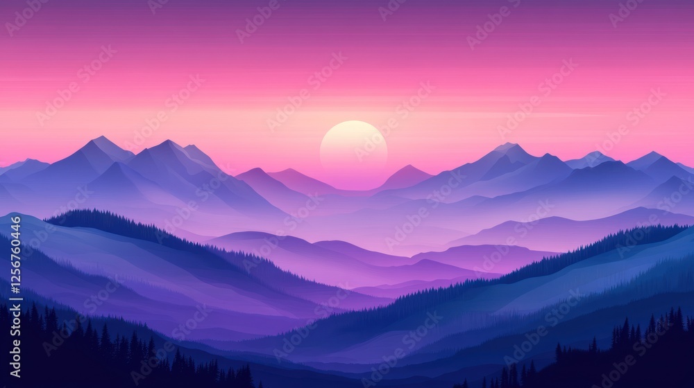 Fototapeta premium Serene sunset over layered mountain landscape.