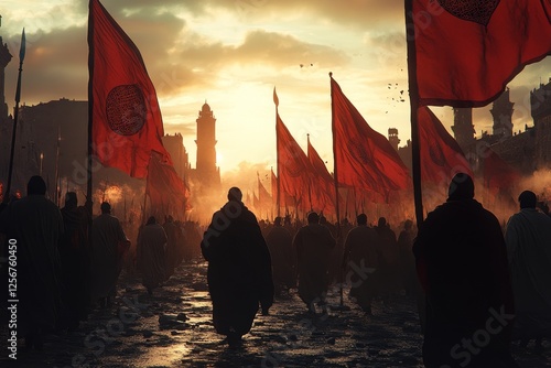 Sunset army march, city background, medieval war