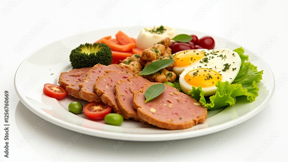 Delicious and Healthy Breakfast Plate with Sliced Meatloaf, Fried Eggs, and Fresh Vegetables Delicious and Healthy Breakfast Plate with Sliced Meatloaf, Fried Eggs, and Fresh Vegetables