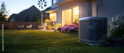 Evening HVAC unit, backyard, home