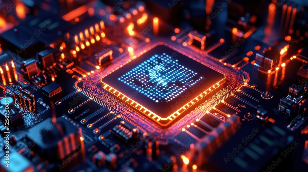 Obraz premium Quantum Machine Glowing Under Binary Light Circuits