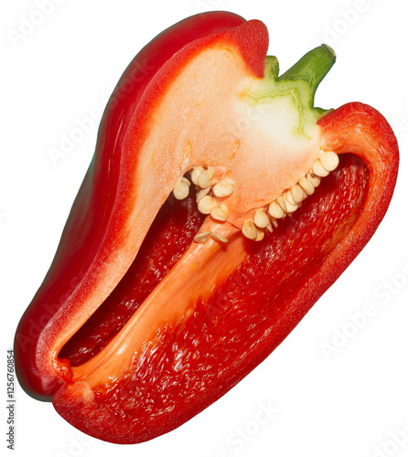 Fresh red bell pepper cut in half, showing its seeds and internal texture, isolated on a transparent background