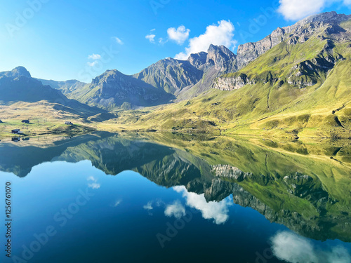 The alpine lake Melchsee or Melch Lake in the Uri Alps mountain massif, Kerns - Canton of Obwalden, Switzerland (Kanton Obwald, Schweiz) photo