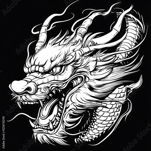 Fierce dragon head portrait, black and white art, graphic design, possible use for tattoo design or print