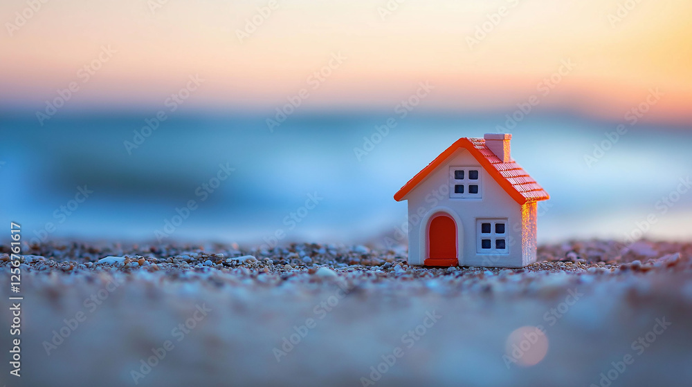 Small white and red toy house, blurred beach in the background Small white and red toy house, blurred beach in the background