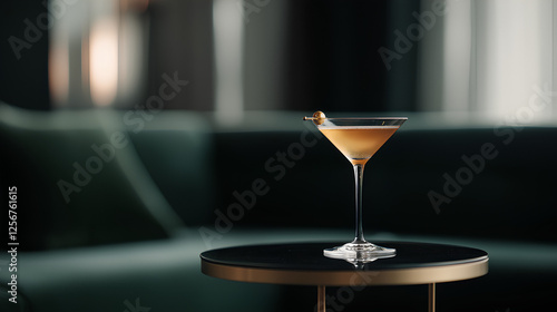 A sleek martini glass filled with a creamy cocktail sits on a glossy black table in an upscale lounge with deep green velvet seating and soft ambient lighting