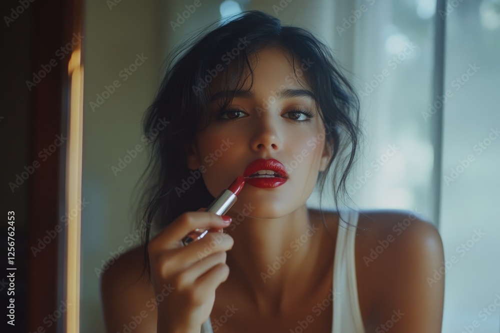 Portrait of a Woman Applying Red Lipstick in Front of a Mirror Portrait of a Woman Applying Red Lipstick in Front of a Mirror