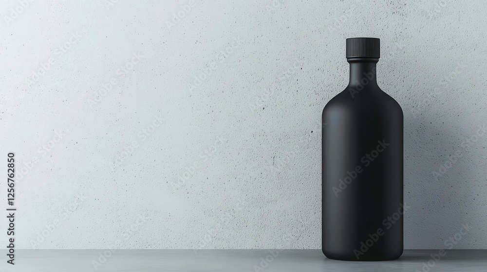 Minimalist Black Bottle on Simple Gray Background with Soft Light and Clean Lines Minimalist Black Bottle on Simple Gray Background with Soft Light and Clean Lines