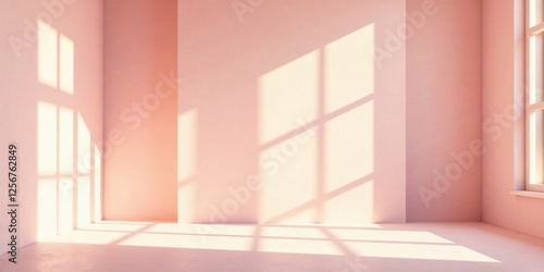 Serene Minimalist Room Interior with Gentle Sunlight Streaming Through Window Casts Soft Shadows on Pale Pink Walls and Floor