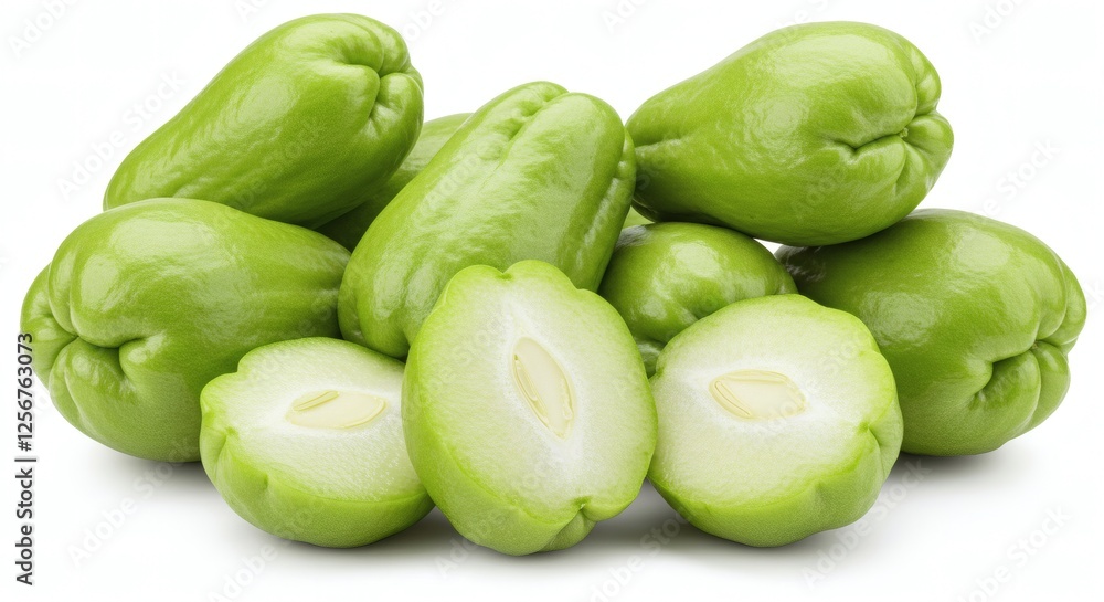Vibrant Cluster of Fresh Chayote Fruits on White Background Vibrant Cluster of Fresh Chayote Fruits on White Background