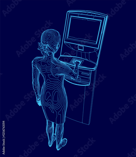 A woman is standing in front of a cash machine. She is touching the screen. The image is in blue