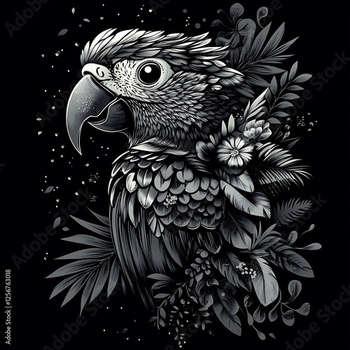 Detailed Parrot Illustration, Floral Background, Art Design, Graphic Use photo