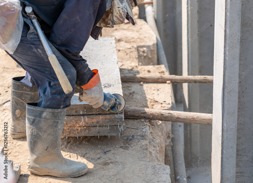 Worker use angle grinder cutting reinforce steel. Worker use angle grinder cutting reinforce steel.