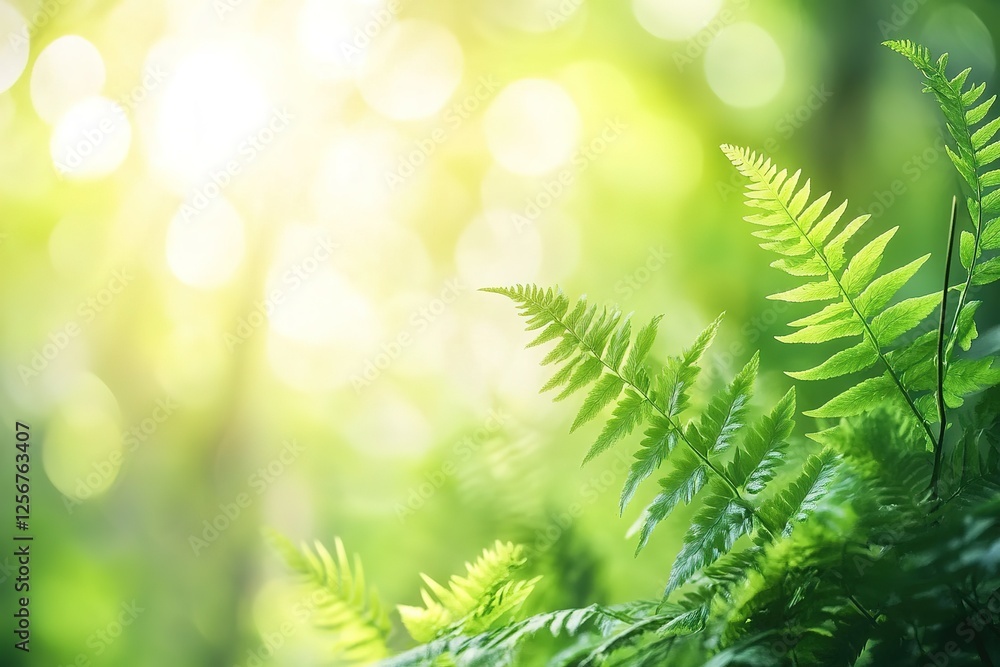 Sunlight illuminating vibrant green ferns in a forest Sunlight illuminating vibrant green ferns in a forest