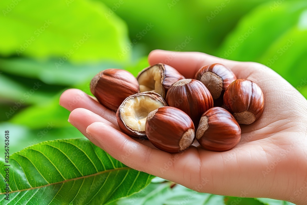 Handful of hazelnuts against a lush green background Handful of hazelnuts against a lush green background