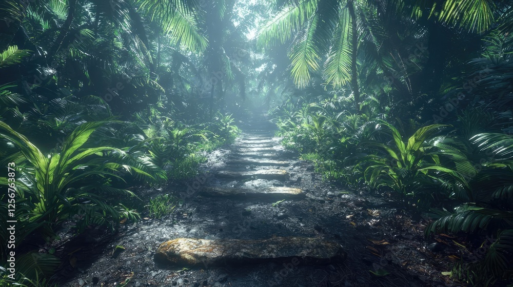 Glow forest concept. A serene forest path surrounded by lush greenery and vibrant foliage awaits discovery. Glow forest concept. A serene forest path surrounded by lush greenery and vibrant foliage awaits discovery.