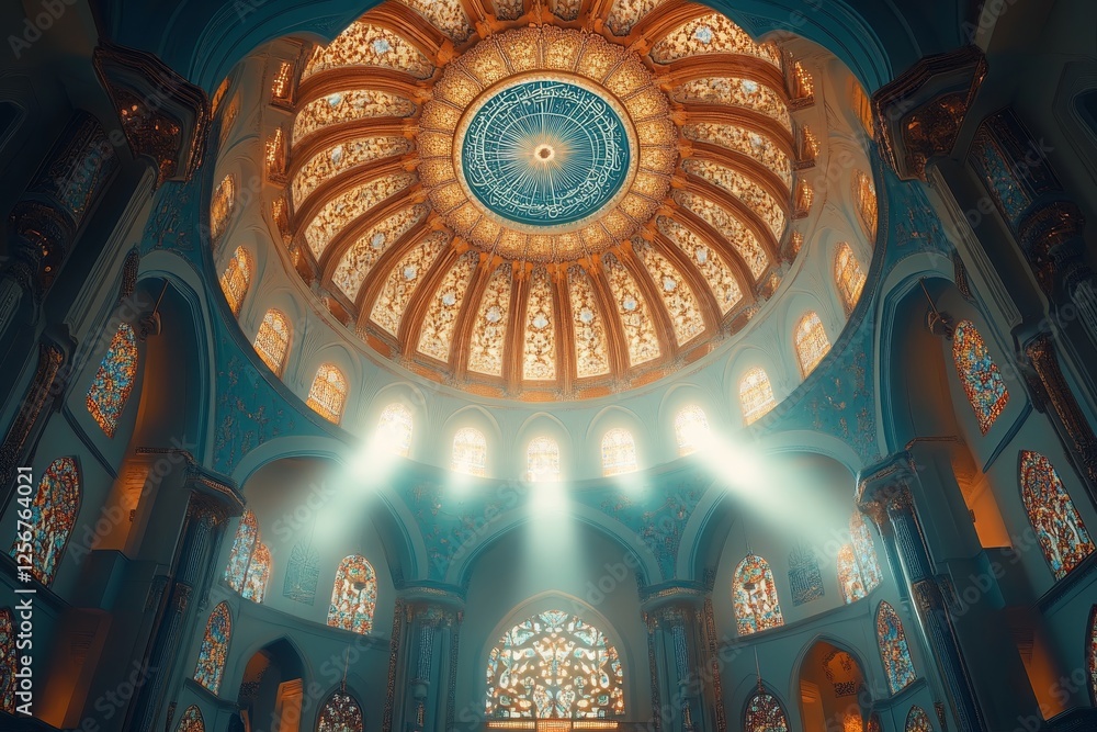 Obraz premium Mosque Dome, Sunlight Beams, Interior, Worship, Spirituality, Architecture, Religious, Peace, Tranquility