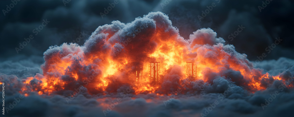 Fiery explosion, smoke, dark sky. Disaster concept Fiery explosion, smoke, dark sky. Disaster concept